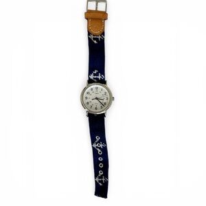 Timex Silver Case Watch with Navy and White Fabric Strap